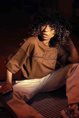 - What the product is: A casual brown sweatshirt with embroidered text across the chest. The model is seated in a relaxed pose, highlighting the garment’s loose fit and dropped shoulders.
- Apparent audience: Unisex with a leaning toward women's styling, given the cropped sleeves and soft, oversized fit.
- Notable features: Medium brown color, soft cotton/terry-like fabric, prominent embroidery across the front, relaxed long sleeves, and a cropped or slightly boxy silhouette.