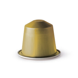 - A single golden coffee capsule (Nespresso-style) placed upright on a small circular silver ring.
- Audience: unisex (fits general coffee drinkers).
- Notable attributes: metallic gold color, smooth foil-wrapped exterior with subtle vertical texture, compact conical shape, and a shallow base/foil rim visible. Never implies brand.