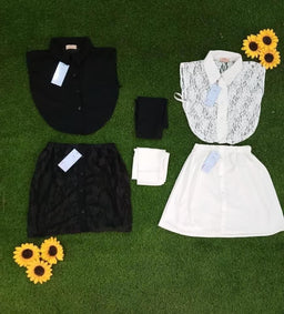 - What the product is: A coordinated women’s outfit set consisting of a shirt-style top with a detachable collar, a lace sleeveless overlay, a black skirt, and a white skirt, plus matching underpieces.
- Apparent intended audience: Women (based on sizing, styling, and overall cut).
- Notable attributes: Black top with button front; lace white overlay top; black skirt; white skirt; small matching underpieces (intended to be worn beneath layers). The colors shown are black, white, and lace details; the styling appears to be a dressy, formal ensemble suitable for dressy occasions.