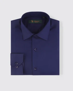 A deep navy formal shirt with a classic point collar and a standard button-front placket. The image shows a menswear cut, long sleeves with single-button cuffs, and a clean, solid cotton or cotton-blend fabric in a rich navy tone. Simple, sleek style suitable for business or formal occasions.