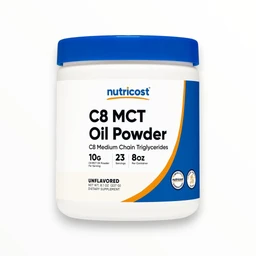 A white jar with a blue cap containing Nutricost C8 MCT Oil Powder. The label highlights “C8 MCT Oil Powder” and notes 10 g per serving, 23 servings, and unflavored. Appears designed for adults (unisex) seeking a flavorless supplement; packaging features blue and orange curved accents and a simple, clean design. Notable visible attributes: white container, blue lid, bold black text, unflavored nutrition claim, and small certifications/graphics on the label.