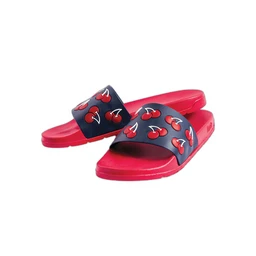 These are open-toe slide sandals with a sporty, casual look. The pair features a bright pink footbed and navy blue straps adorned with a cherry print, suggesting a playful, youth-friendly style. Made from synthetic materials with a flat sole and slide-on design, suitable for both boys and girls.