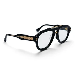 - Description: A pair of black plastic eyeglasses with large, rounded square frames and clear lenses. The temples feature gold-tone detailing and subtle emblem accents, giving a bold, luxury-inspired look.
- Audience and attributes: Unisex-style eyewear suitable for adults; prominent black frame with glossy finish, gold-tone decorative accents, and thick temple arms. Designed in a statement, retro-inspired style.