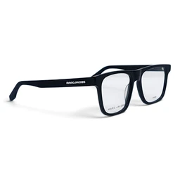 This is a pair of rectangular eyeglasses with a bold, black acetate frame and clear lenses. The design reads as unisex with a slightly oversized, clubmaster-inspired silhouette; glossy dark temples feature a small Marc Jacobs logo. Visible materials appear to be acetate plastic in black, with metal hinges and standard clear lenses.