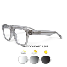Product is a pair of clear, full-rrame optical glasses with a transparent plastic frame and clear lenses. The intended audience appears unisex, suitable for men or women, judged from the neutral slim frame and styling. Notable attributes: transparent/light gray frame, full-rim design, adjustable nose pads, and a photochemical/photocromic lens feature with three tint options (clear to light gray to dark/black) shown with weather icons (cloud, partly cloudy, sun). Image emphasizes a lightweight, modern eyeglass style.