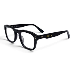 - What the product is: A pair of black rectangular eyeglasses with full-rim frames and gold-tone branding on the temples.
- Apparent audience and styling: Unisex to men’s styled eyewear, with a bold, classic look suitable for everyday wear or a smart-casual aesthetic.
- Notable attributes: Black acetate frames, clear lenses, square/rounded rectangular lens shape, subtle gold-tone detailing and rivet accents on the hinges, temple branding “DITA.”
