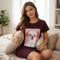 - The product is a women's short-sleeve cotton T-shirt dress in a deep plum color, featuring a light pink graphic panel with a cartoon dog wearing glasses on the front.
- Target audience: women, based on the fit, styling, and model wearing a feminine short-sleeve tee-dress.
- Notable attributes visible: material appears to be soft cotton knit; color is dark plum/mauve; graphic print shows a cute dog with pink background; casual, relaxed fit with crew neck.
