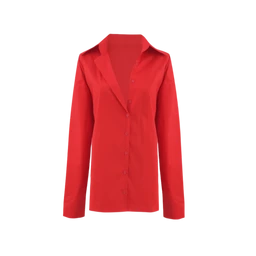 - A red asymmetrical chemise-style shirt with a classic button-front placket and clean, minimal seam lines. The silhouette appears slightly relaxed with long sleeves and a structured collar, suitable for a smart-casual look.
- Intended audience: women's (based on styling and fit cues from the cut and neckline).
- Visible materials and color: solid red fabric with a smooth finish, medium-weight woven look; features a standard shirt collar and long sleeves. Notable style attributes: asymmetrical naming in title, but the image shows a conventional button-down front with a collared neckline.