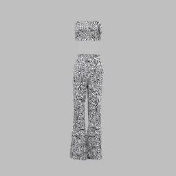 - Description: A long, sleeveless dress or maxi-length set with an all-over black-and-white abstract zebra-like print. It features a central vertical slit running down the front of the dress, and a matching rectangular piece (likely a top or cover) shown separately above it.
- Audience and styling notes: Appears designed for women, with a chic, statement-print aesthetic and a bold monochrome palette.
- Materials and attributes: Bold monochrome print, lightweight flowing fabric, asymmetrical/central slit detail, long length, sleeveless cut.