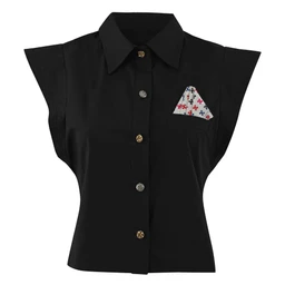 A black short-sleeve button-down top with a structured collared neckline. It appears tailored for a feminine fit, featuring cap-like flutter sleeves and a decorative pocket square at the chest. Notable details include mixed-tone button closures (silver and gold) and a small patterned pocket square in white with red and blue accents, against the black fabric.