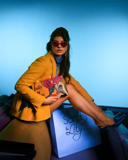 - A leather handbag or clutch styled with bold, hand-painted graphic art in bright colors. The model, wearing a mustard yellow blazer and pink sunglasses, suggests a trendy, fashion-forward audience (primarily women).
- Visible features: tan to orange leather with vivid painted artwork on the front, pairing with a blue-toned backdrop and a light blue shopper or box labeled with scripted text; overall color palette includes yellow, pink, blue, and multicolor art.