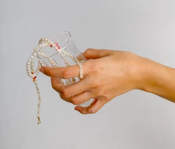 This is a pearl bracelet/stackable jewelry piece displayed wrapped around a clear glass in a hand, suggesting a delicate, feminine accessory. It appears designed for women, featuring multiple strings of small white pearls with a few pink accents and a small dangling charm. Notable attributes include a pearl bead texture, soft ivory-white color, and a light, elegant, and adjustable styling suitable for a delicate, dressy look.
