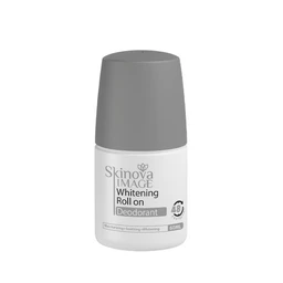 Product appears to be a small roll-on deodorant bottle. It has a light gray cap and a white body with a label that reads “Skinova Image Whitening Roll on Deodorant.” The visible text suggests a 60 mL size and a 48-hour or similar duration claim. Audience suggested by styling is unisex (no gendered styling) or general consumers; the bottle shape and neutral colors indicate a simple, practical design. Notable attributes: white plastic container, gray cap, compact roll-on deodorant format, and a label mentioning whitening and deodorant functions.