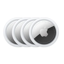- What it is: A set of four Apple AirTag trackers arranged in a fan, showing the round white discs with a silver/black center and Apple logo.
- Intended audience: Unisex; suitable for anyone looking to track belongings.
- Notable attributes visible: white plastic round trackers with silver/black central area and Apple logo; seen as a four-pack. Material appears to be smooth plastic with a metallic-looking center; minimal branding visible (no brand text beyond the logo).