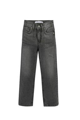 These are grey original-fit jeans for boys. They have a classic five-pocket design with a mid-rise waist, subtle whiskering and distressed details on the thighs, and a straight leg cut. The fabric appears to be medium-weight denim in a washed grey tone with tonal stitching and a standard zipper fly.