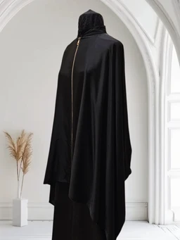 - What it is: An oversized flowy silk cape shirt with a front zipper, shown on a headless mannequin.
- Intended audience: Unisex look, with a dramatic, loose silhouette suitable for fashion-forward wearers.
- Notable attributes: Black silk-like fabric, high neck with a hood/cowl effect, long cape-like drape, front zipper closure, oversized and relaxed cut with wide sleeves.