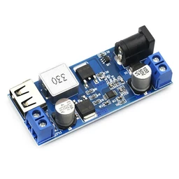 This is a DC-DC buck converter module that steps down a higher input voltage (up to 24V) to a stable 5V output with up to 5A current capability. It’s a small blue PCB suitable for electronics hobbyists and makers (unisex, general audience); visible features include a USB input/connector, screw terminals for input and output, an inductor, capacitors, and a large blue adjustable potentiometer, with a compact black 3-pin regulator IC and related surface-mount components. Notable attributes: surface-m mount components, blue screw-terminal blocks, metal shielding, and a USB-style connector alongside an adjustable coil and capacitors for regulation.
