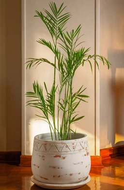 - What it is: A potted ornamental plant with tall slender green stalks and feathery leaves set in a decorative off-white ceramic pot.
- Intended audience: Unisex (suitable for both men and women; home décor).
- Notable attributes: Off-white ceramic pot with a subtle distressed finish and geometric etched pattern near the rim; plant features slender, segmented green leaves; warm indoor ambient lighting and wooden floor background.