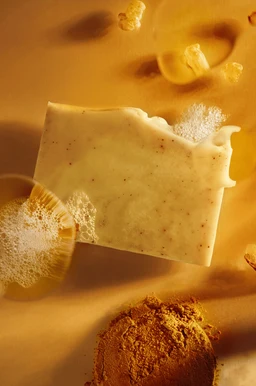 - What the product is: A bar of soap with a light, creamy beige color, embedded specks, shown on a warm, golden-brown backdrop with decorative sea fans and powdery accents.
- Intended audience: Unisex (no gender-specific styling; natural, artisanal soap aesthetic).
- Notable attributes: Turmeric and frankincense scent profile suggested by color and name, with visible soap starch/speckled texture; creamy, solid bar with a smooth surface and rustic, handmade look; packaging not visible, emphasis on natural ingredients and artisanal soap style. The photo conveys a spa/skin-care vibe.