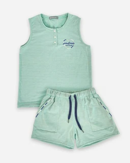 A matching two-piece set for girls or unisex kids, featuring a sleeveless tank top and shorts. The light mint-green fabric has a soft, heathered look with dark blue drawstrings on the shorts and small front pockets; the top has a short button placket and a small emblem on the chest. The style is casual summery, with a sporty, relaxed fit and comfortable knit material.