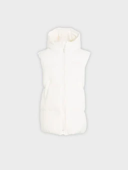 A white puffer vest designed for girls, with a full front zipper and a high stand collar for warmth. The styling is sleeveless with a plush, quilted outer fabric and a slightly boxy, waist-length silhouette. Notable attributes include a soft, creamy white color, lightweight padded fill, and a clean, minimalist puffer look suitable for layering.