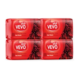 A photo of four red bars of VOYO Beauty bar soap arranged in a 2×2 stack. The visible labeling shows "VEVO" and mentions Red Roses fragrance, suggesting a red-pink color scheme. Audience appears unisex (bar soap for general use) based on neutral packaging and styling; the visible attributes highlight a red rose motif, red color palette, and a rectangular wrapped soap bar with glossy red packaging. No brand claims beyond the packaging are inferred.