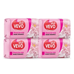- Product: A set of four pink beauty bar soaps branded VEVO, labeled “Beauty bar soap MAGIC ROMANCE.”
- Audience and styling: Appears unisex/soft feminine appeal, shown as pastel pink packaging with floral imagery, suggesting use for personal care and gifting.
- Notable attributes: Pink wrapped bars with a red VEVO logo, white floral background, and text indicating “Magic Romance” fragrance; rectangular bar shape wrapped in smooth plastic packaging. Material visible: soap bars. Color palette centered on pinks and whites.