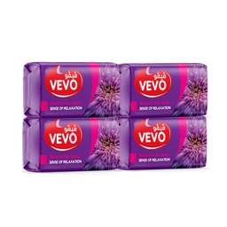 - What it is: A set of four rectangular 100-gram Vevo soap bars with purple packaging and a large flower graphic on the label.
- Intended audience: Unisex (appears suitable for all genders based on neutral floral packaging and simple branding).
- Notable attributes: Purple wrap with red VOÉVO logo, pink flower image, white text “Sense of Relaxation” and Arabic branding; glossy, stacked presentation. Material likely soap bar for cleansing, with a floral-scented/relaxation theme.