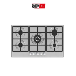 - What it is: A built-in gas cooktop with five burners (two small, two medium, one large center) in a stainless steel finish, labeled as 90 cm wide.
- Intended audience: Unisex (kitchen appliance suitable for any gender) based on its neutral design and configuration.
- Notable attributes visible: Stainless steel surface, black cast iron burner grates, five burners including a large central burner, control knobs aligned front center, compact, Made in Turkey label visible. No brand name shown.