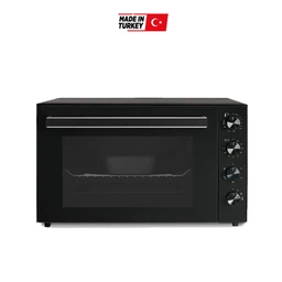 A compact electric oven with a single door and a dark exterior. The model shows a glass window, a simple control panel on the right with three knobs, and a slide rack inside for baking. Likely aimed at general home use (unisex) with a 70-liter capacity, featuring a black finish and metal accents.