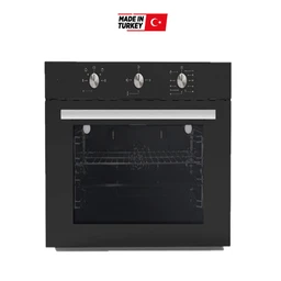 This is a 60 cm built-in gas oven with manual controls. The model appears designed for a male-leaning kitchen setup, featuring three control dials at the top for temperature, function, and timer. Notable visible attributes include a black exterior with a single front door, a transparent oven window, and a stainless steel handle. The oven is labeled as Made in Turkey.