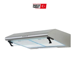 A wall/ceiling-mounted range hood (شفاط) with a flat, wide stainless steel canopy, designed for kitchen ventilation. Appears unisex in target audience (used by both men and women) and features a sleek silver finish with a built-in light and control buttons on the front. Notable attributes visible: flat 60 cm width, stainless steel body, modern linear design, and illumination along the underside.