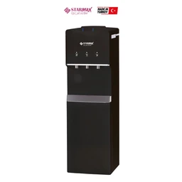 - Product: A freestanding water cooler/dispenser with three taps.
- Audience: Unisex (suitable for both men and women, appears as a household/office appliance).
- Notable attributes: Black stainless/metallic cabinet, three spouts at the top, a small display or control panel above the taps, a drop tray area mid-height, and a large lower storage area. The branding on top suggests a Turkish-made unit.