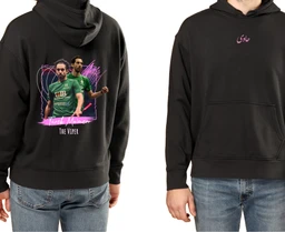 - What it is: A black hoodie featuring a graphic print on the back (left) and a small embroidered logo on the front (right). The back design shows two green-clad figures with pink and purple graphic accents and the text “THE VIPER.”
- Audience and materials: Appears designed for men (fit and styling shown on male models); made from a typical sweatshirt fabric (fleece interior) in black, with a kangaroo pocket and ribbed cuffs/hem. Notable attributes: bold colorful back graphic, pink-purple accent lines, and a small pink embroidery on the chest.