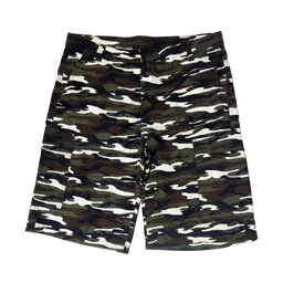 These are camouflage patterned cargo shorts. Appears to be men’s or unisex sizing, featuring a mid-length cut with side cargo pockets and a dry, rugged fabric look. Notable attributes: woodland camo print in shades of green, brown, black, and tan; belt loops at the waist; standard zip/fly closure and multiple pockets.