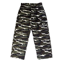 What it is: A pair of camouflage cargo pants with a loose, straight-leg cut.

Audience: Unisex-looking, likely suitable for men or boys based on the sturdy fit and pocket styling.

Notable attributes: Classic woodland camo pattern in shades of green, brown, tan, and black; multiple cargo pockets along the legs; elastic or tucked waistband and belt loops; mid-to-long length with a relaxed silhouette.