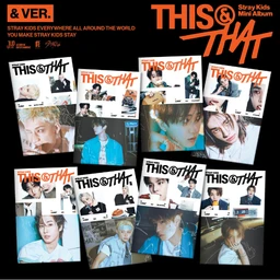 - What it is: A promotional collage-style product cover for a Stray Kids mini album titled “THIS & THAT (& VER.)” with multiple small cover images arranged in a grid-like montage.
- Audience and styling cues: Appears to be targeted toward fans of Stray Kids (unisex, catered to both men and women) with bold, bright graphic layout and photo-collage aesthetic. The styling features vibrant album artwork, various member portraits, and a mix of black, white, and orange typography.
- Notable visible attributes: Prominent orange “THIS & THAT” text, multiple member portrait photos, collage layout of several mini-covers, black background accent, and a unified orange accent color consistent with the title design. Material and texture are implied as glossy album covers or promotional prints rather than fabric.