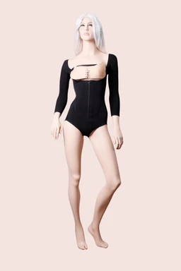 - What it is: A long-sleeve one-piece swimsuit with a front zipper and cut-out bust detail.
- Audience: Women's/unisex styling, designed for a female fit.
- Notable attributes: Black fabric, sheer long sleeves with a square-neck/cut-out chest style, high-cut leg silhouette, and a mid-front zipper. The garment appears to be a sleek, form-fitting bodysuit-style swimsuit.