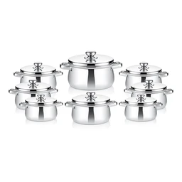 - What the product is: A 16-piece stainless steel cookware set with matching lids, arranged in a symmetrical display.
- Intended audience: Unisex; suitable for general home use with a classic metallic appearance.
- Notable attributes: Polished, reflective silver finish; round, multi-piece pots with two side handles each and vented lids; sizes vary with a larger central pot and six smaller pots arranged around it. Style is traditional, with a sleek, modern stainless look.