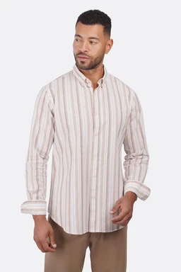 - What it is: A long-sleeve, button-front shirt made of linen with vertical stripes. The shirt is shown worn by a male model with a relaxed, casual fit and a banded collar (no traditional stiff collar).
- Intended audience: Men (adult male model visible), casual/wardrobe staple suitable for a unisex-leaning linen shirt style.
- Notable attributes: Light beige with thin vertical stripes in muted tones, natural linen texture, lightweight breathable fabric, relaxed/regular fit, button placket and rolled sleeves on display.