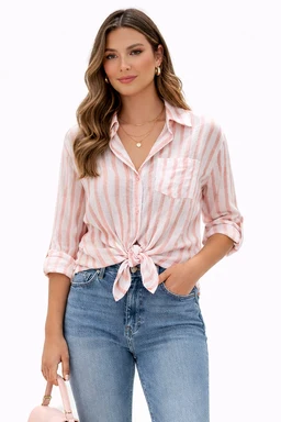 This is a women's striped button-down shirt styled with a front tie at the waist. It features long sleeves that are rolled up, a soft pink and white striped pattern, and a chest pocket on the left. The fabric appears lightweight and casual, giving a relaxed, summery look with a knot-front detail.