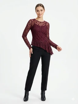 - What it is: A burgundy lace blouse with long sleeves and a peplum-style hem. The sheer lace covers the entire top with a round neckline and fitted bodice, flaring slightly at the waist.
- Audience and styling cues: Appears designed for women, styled for dressy or evening looks; paired here with black straight-leg pants and ankle boots for a polished, semi-formal outfit.
- Notable materials and features: Sheer lace fabric in a deep burgundy color; long sleeves; high neckline; fitted bodice transitioning to a peplum/flared hem for added shape. No visible branding.