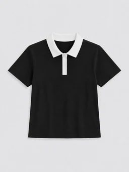 A women's polo shirt in black with a contrasting white collar and placket. The short sleeves and boxy fit suggest a casual, sporty look suitable for everyday wear. Notable details include the white collar, white placket, and tidy polo styling.