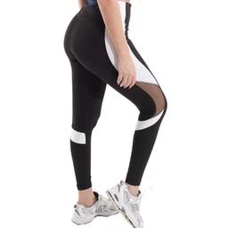 The photo shows a pair of women's athletic leggings with a high waist and color-block panels. The leggings are primarily black with white and sheer mesh inserts along the sides and knee areas, creating a sporty, fashionable look. The model is wearing white sneakers, conveying a fitness or activewear style. Notable materials and details visible include the stretch fabric and mesh panels, with a sleek, athletic silhouette.