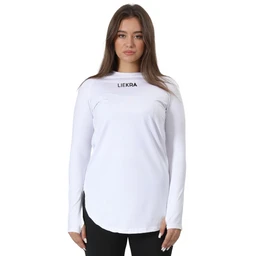 - Product: Long-sleeve white crew-neck T-shirt with a slightly curved hem.
- Audience: Women (model styling and fit suggest feminine sizing and cut).
- Notable features: Pure white fabric, high-contrast black text logo “LIEKRA” near the neckline, relaxed fit with long sleeves and a rounded, elongated hem. Simple, minimalistic style.