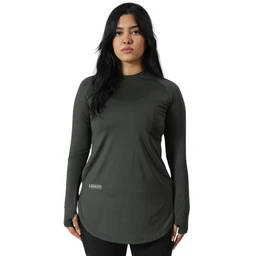 A long-sleeve T-shirt in a dark olive/forest green color. The fit appears modest and crew-neck, with a curved hem and a small reflective tag near the hip. Material looks smooth and lightweight, suitable for casual or athletic wear; the styling is unisex with minimalist, plain design.