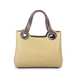 This is a small to medium leather handbag with a structured tote style. It appears unisex or leaning feminine, carried by top double handles with reinforced metal grommets; the bag features light tan pebbled leather and dark brown rolled handles with stitching. Notable details include a subtle embossed logo on the front, and metal ring accents at the handle attachments.