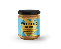This is a small spice jar labeled Weekend Rubs, intended for grilling or finishing foods with a Mediterranean-inspired seasoning blend. The visible model is not shown, so we judge audience as unisex based on packaging and product use, targeting home cooks or BBQ enthusiasts. Notable attributes: coarse gold-brown spice mix, light blue label with black and yellow accents, and a screw-top black lid. Material appears to be ground spices or dry rub.