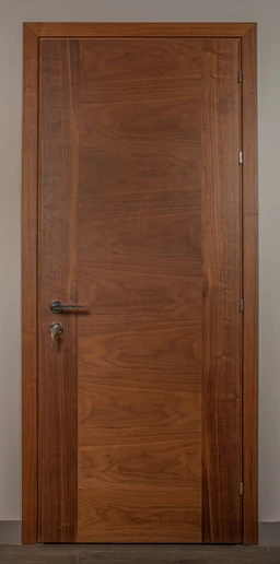 - What the product is: A wooden interior door with a paneled design, shown closed and mounted in a doorway.
- Apparent audience: Unisex (suitable for both men and women), based on neutral paneling and hardware.
- Notable visible attributes: Warm medium-brown wood with a natural grain; raised panel styling with vertical edge panels and a decorative inner frame; metal door handle and keyhole on the left side; side hinges visible on the right edge; plain light gray wall and baseboard in the background. Material appears to be plywood or solid wood veneer.