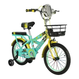 - A children's 16-inch balance/learning bike designed for ages 4–6, with training wheels and a front basket.
- Audience: kids (boys or girls), inferred from the bright teal and yellow color scheme, playful graphics, and kid-sized frame.
- Notable attributes: teal frame with yellow front fork and accents, black saddle with a small back, front basket and chrome handlebar bell, black training wheels, sturdy plastic chain guard and decorative decals, 16-inch wheels with chunky tread.